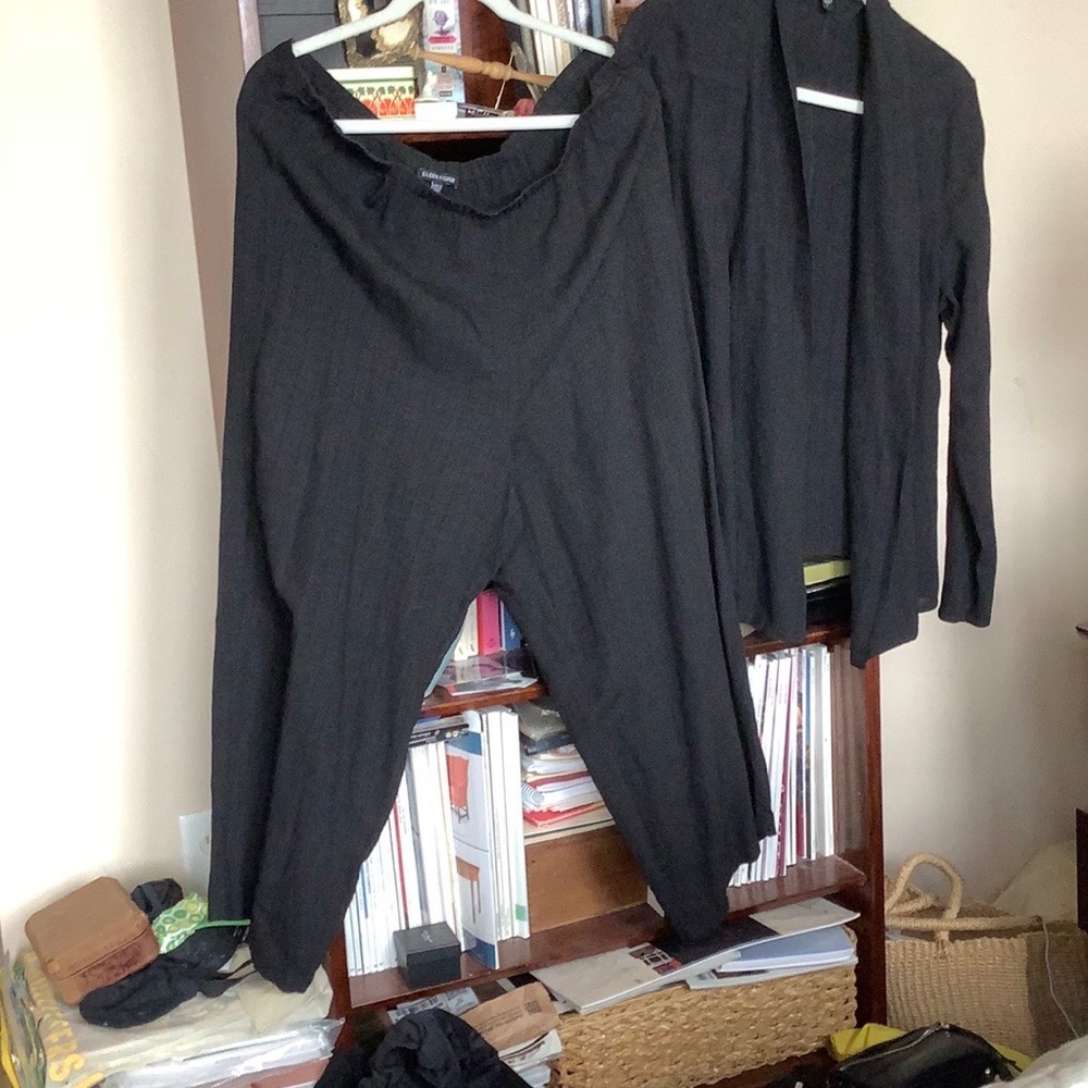 Eileen Fisher matching jacket and pants. Textured material machine washable.